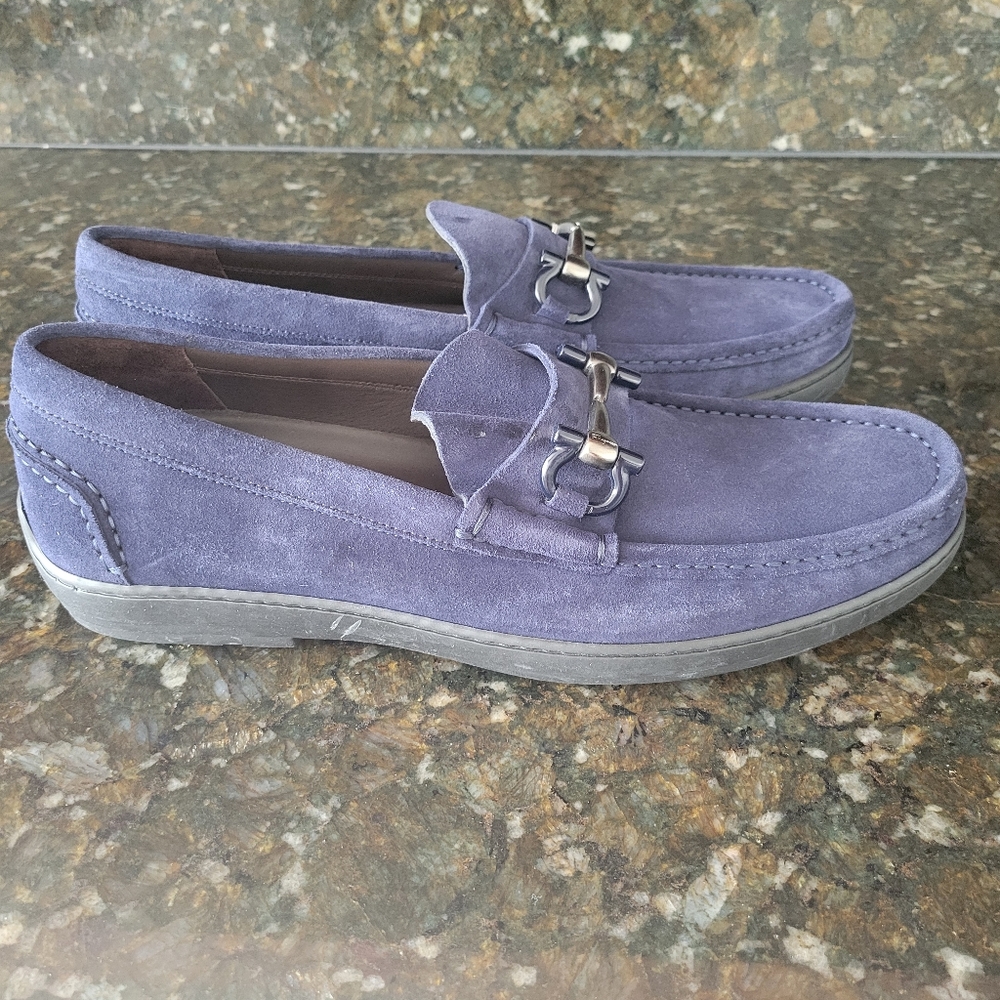 Mens Salvatore Ferragamo Navy Blue Gancini Suede Loafers, Size 11 - Picture 5 of 6